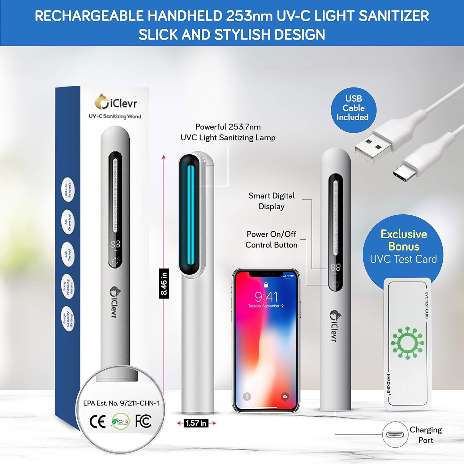 UV-C Light Sanitizer Wand - Powerful 253nm UV Sterilizer Rechargeable Handheld Ultraviolet Portable 99.99% Disinfection for Home, Office, Travel