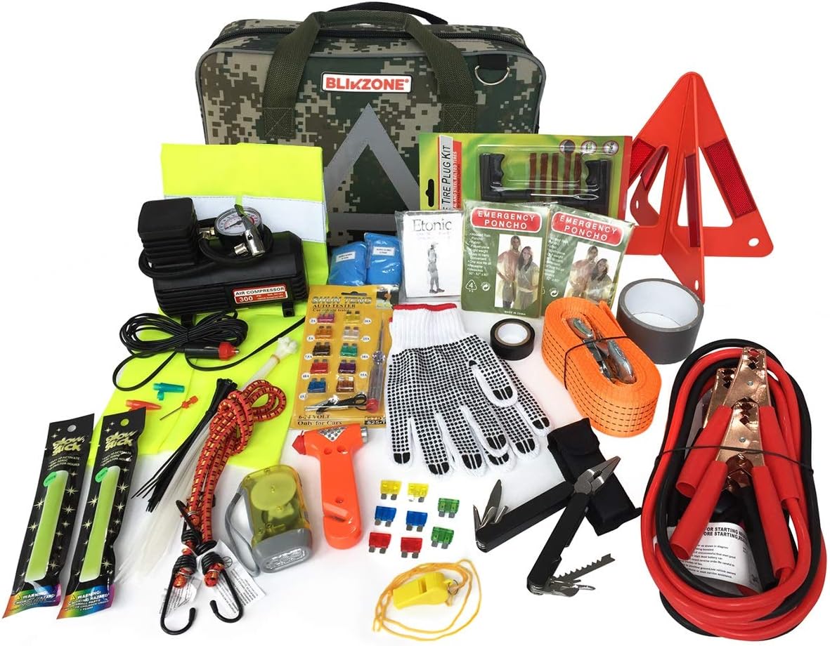 BLIKZONE Auto Roadside Emergency car kit Camo 81 Pc for Vehicle Emergency: Portable Air Compressor, Jumper Cables, Tire Repair Kit