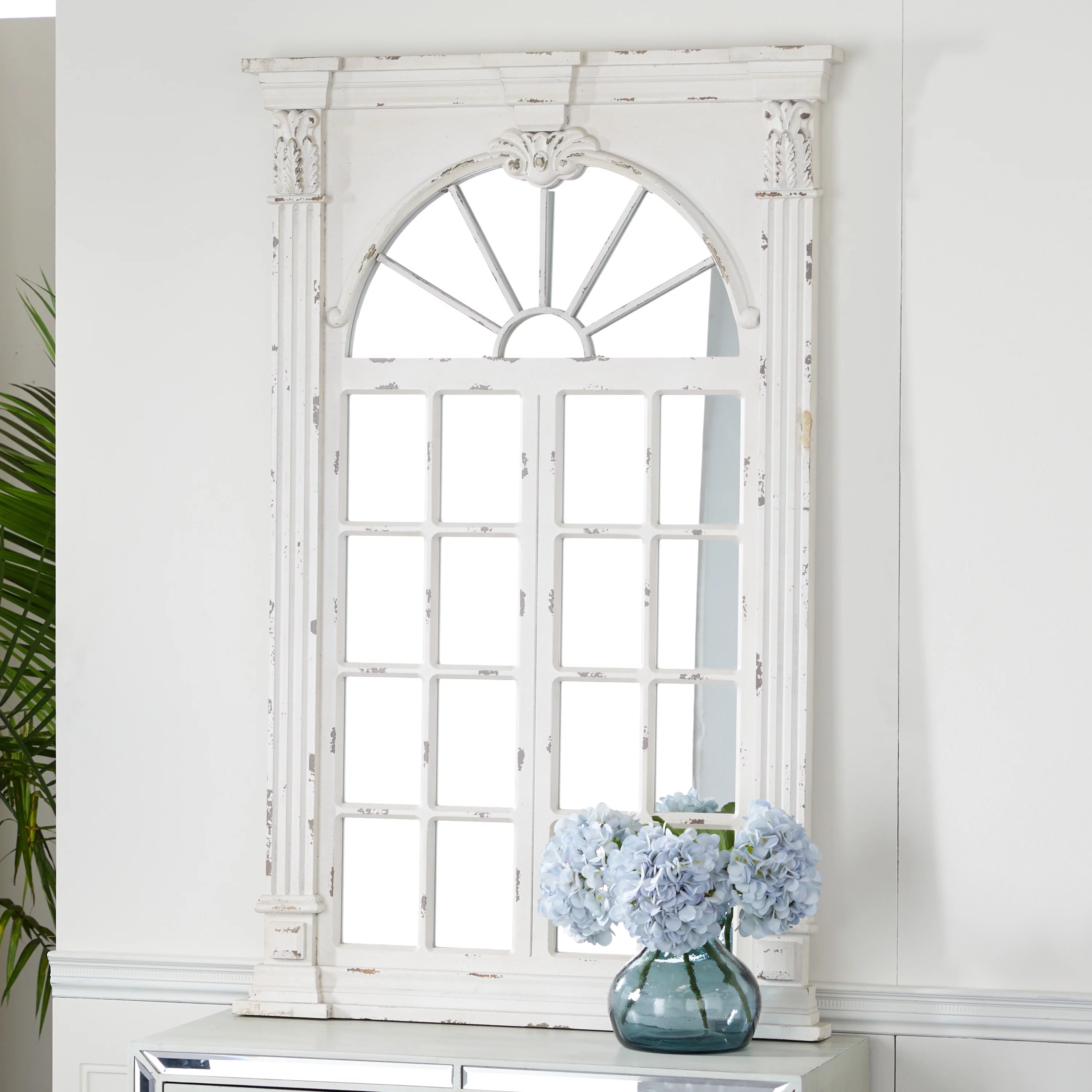 DecMode 37" x 52" Cream Window Pane Inspired Wall Mirror with Arched Top and Distressing