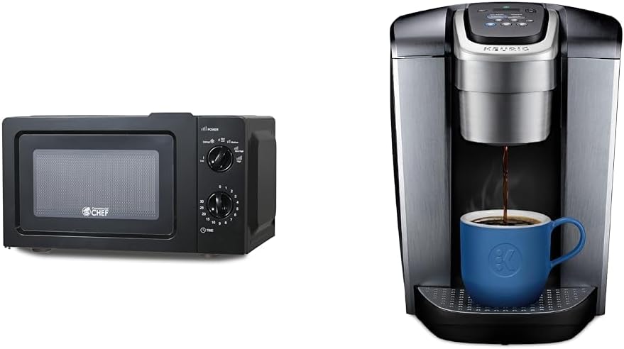 Commercial CHEF 0.6 Cubic Foot 600W Microwave with 6 Power Levels Bundle with Keurig K-Elite Single-Serve K-Cup Pod Coffee Maker