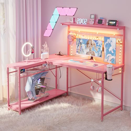 Bestier 42 L Gaming Desk,Computer Desk with Power Outlets, LED Lights, Reversible Corner Desk with 4-Tier Shelves,Cup Holder & Hook Carbon Fiber Black