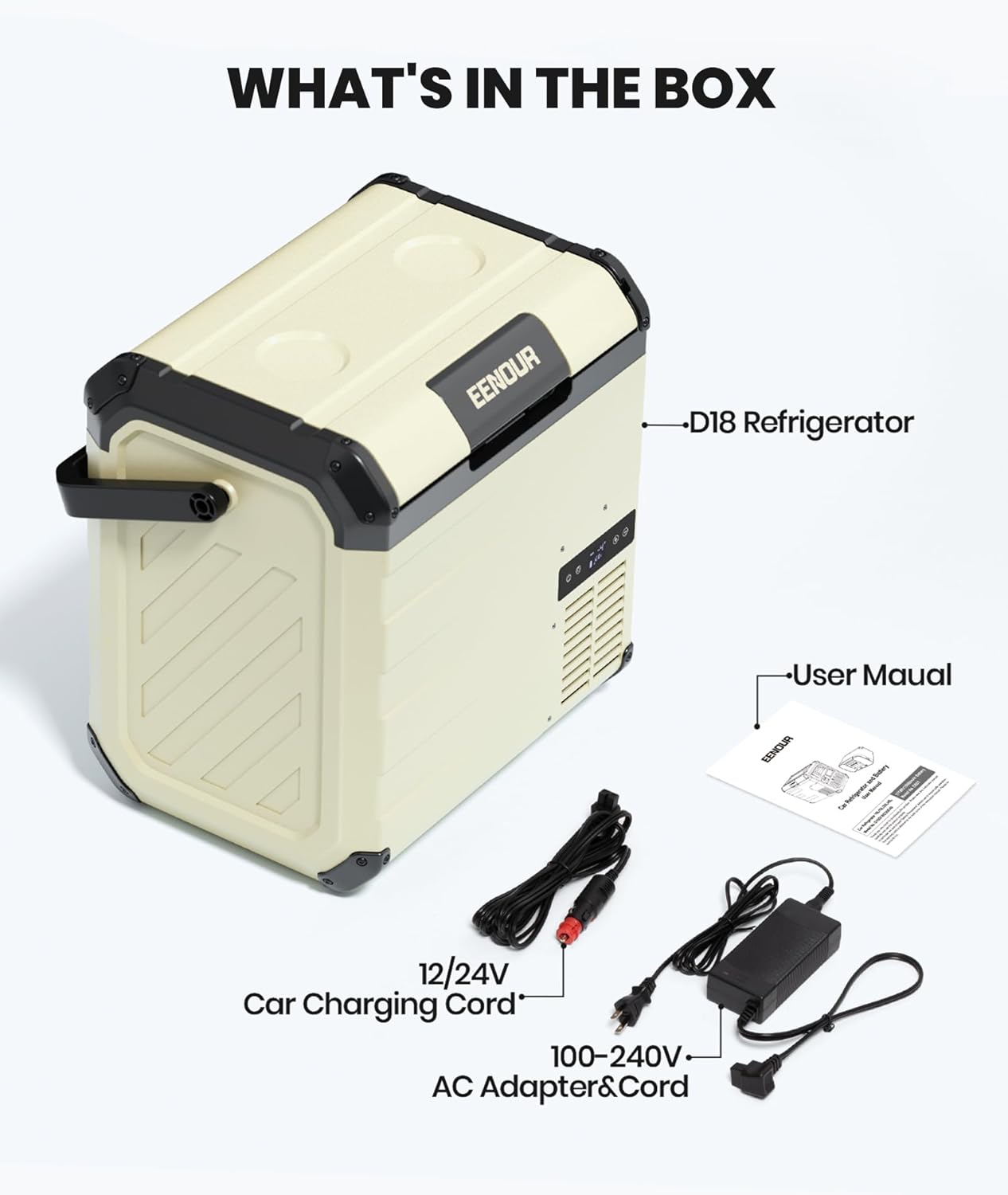 EENOUR D18 12 Volt Car Refrigerator, Portable Freezer 19Qt/18L Battery & Solar Powered Cooler 25W, -4~50℉, 12/24V DC, 110~240V AC, Idea for 2 People