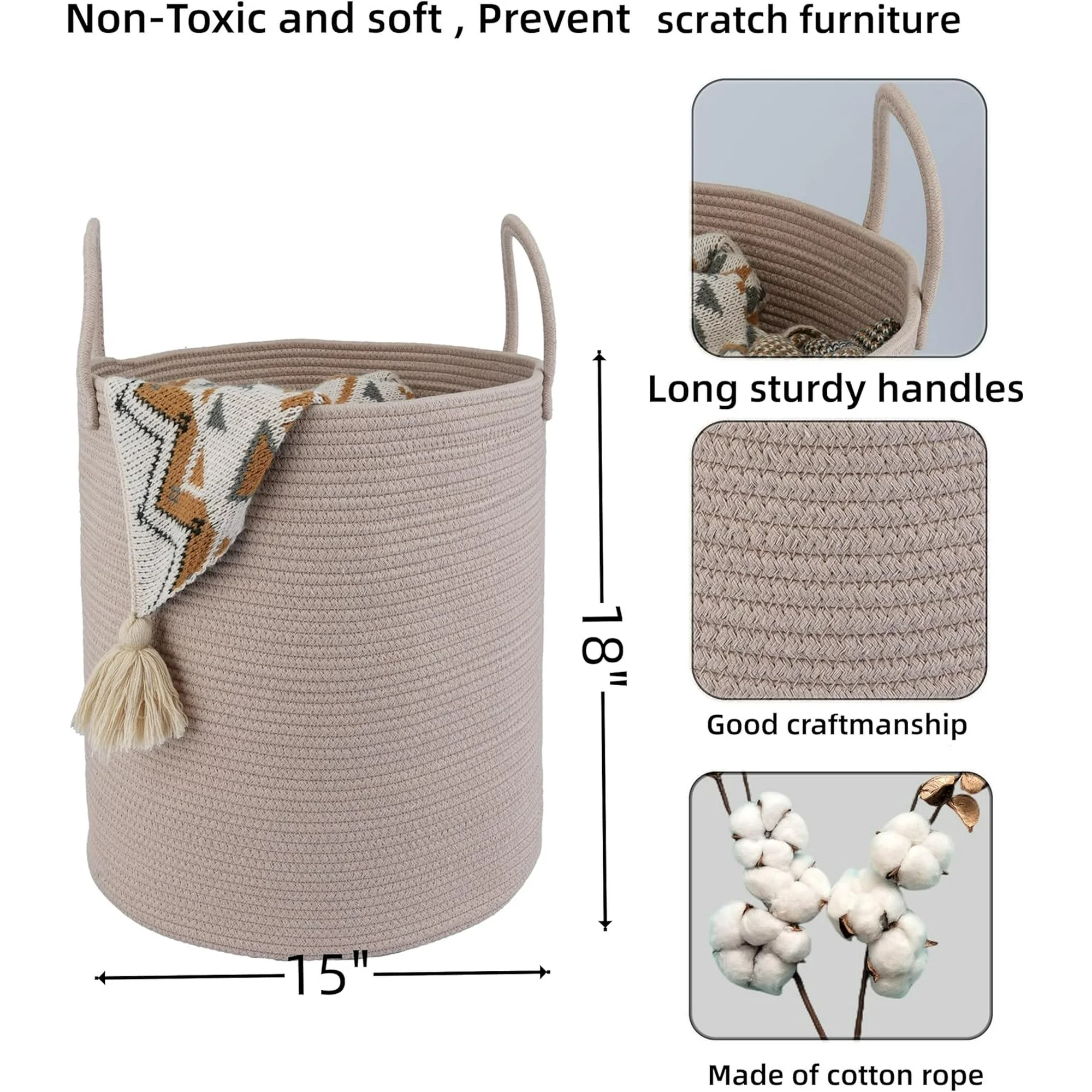 WarmHaven Cotton Rope Laundry Basket Hamper for Clothes Woven Storage Basket for Living Room Bedroom Boho Tall Rope Baskets for Blanket Toys Pillow