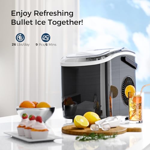 AGLUCKY Ice Makers Countertop with Handle,26.5Lbs/24H,9 Cubes in 6 Mins,2 Sizes of Bullet Ice,Portable Ice Maker Machine with Self-Cleaning