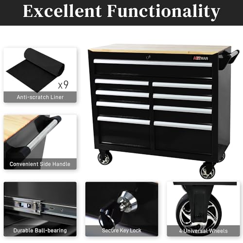 Heavy Duty Rolling Tool Chest with 9-Drawer Wood Top Tool Cart Mechanic Tool Box with Wheels Tool Storage Cabinet Mobile Workbench Tool Bench for