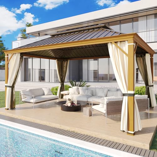 YOLENY 10' x 12' Hardtop Gazebo, Metal Gazebo with Aluminum Frame, Double Galvanized Steel Roof, Curtains and Netting Included