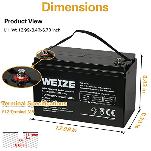 Weize Deep Cycle AGM 12 Volt 100Ah Battery, Maintenance-Free, 3% Self-Discharge Rate, 1150A Max Discharge Current, Perfect for RV, Solar