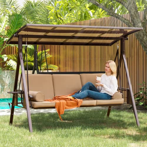 YOLENY Oversized Outdoor Porch Swing with Hardtop, 3 Seat Patio Swing with 2 Side Cup Holder, 3-in-1 Convertible Backrest Swing Bed with Cushion