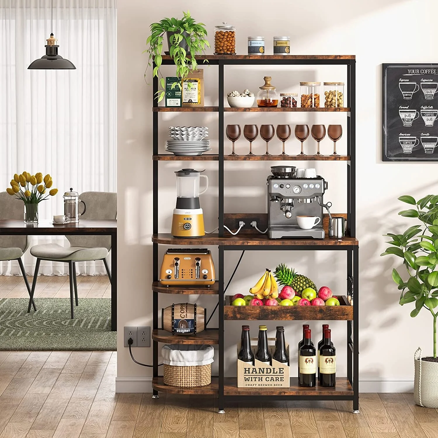 10-Tier Bakers Rack with Power Outlets, Freestanding Microwave Oven Stand with Storage Brown