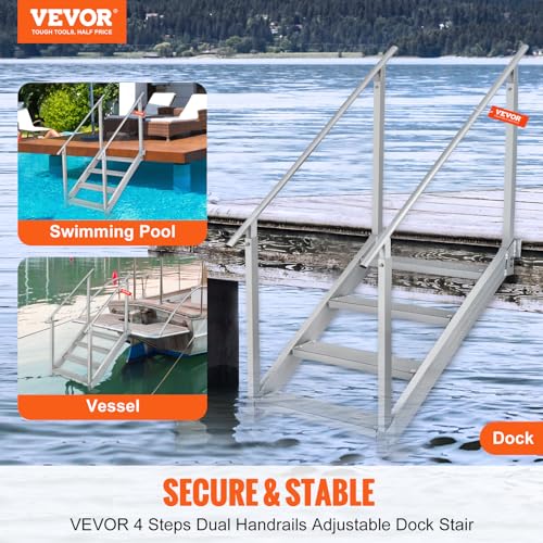 VEVOR Dock Stairs Ladder 4 Step, Aluminum Dock Steps 30"-39" Adjustable Height, 500Lbs Load, 4" Wide Nonslip Pedals