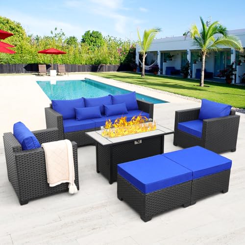 Rattaner Patio Wicker Furniture Set 6 Pieces Outdoor HDPE Wicker Conversation Couch Sectional Chair Sofa Set with Grey Cushions