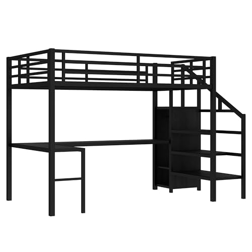 Full Loft Bed with Desk - Metal Gaming Bed with L-shaped Desk, USB, Wardrobe & Adjustable Shelf, High Loft Bed with Safety Guardrails & Stairs
