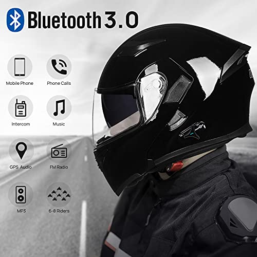 ILM Bluetooth Motorcycle Helmet Modular Flip up Full Face Dual Visor Mp3 Intercom FM Radio DOT Model 902BT(Matte Black, Large)