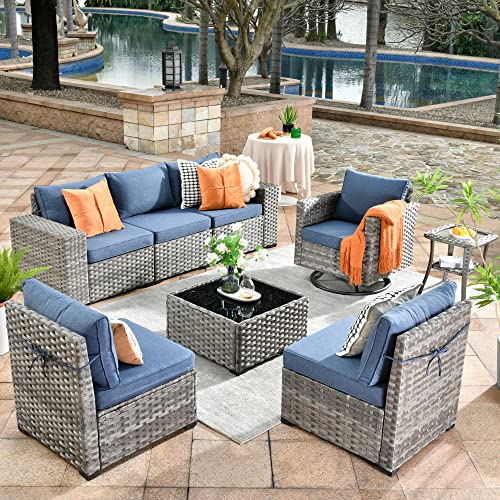 Outdoor Patio Sectional Furniture Sofa Set with Swivel Rocking Chair,8 Piece Modern Wicker Couch with Widened Armrest