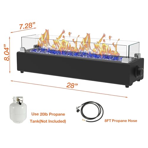 28-inch Table Top Propane Fire Pit, 40,000 BTU Tabletop Firepit for Patio, Outdoor Portable Fireplace Rectangular Fire Bowl w/Wind Glass Shield