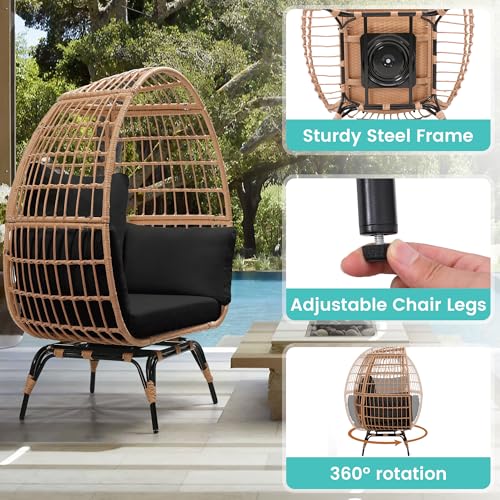 Oversized 360 Swivel Rattan Egg Chair for Adult, Indoor Outdoor Patio Large Wicker Egg Chair with Overstuffed Cushions, 440lb Weight Capacity