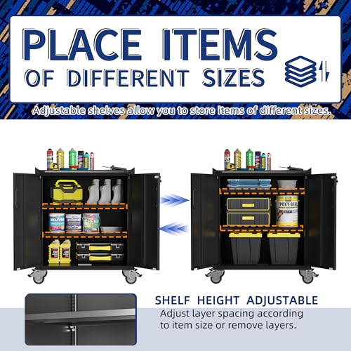 Metal Garage Storage Cabinet with Wheels,Locking Rolling Tool Cabinet with Drawers and Shelves for Home, Office, Garage & Workshop