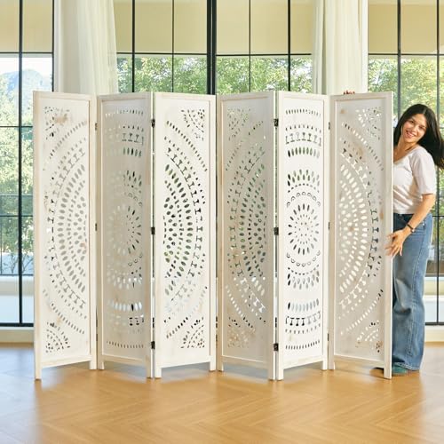 Room Divider Wood Carved Wall Divider Indoor Folding Bohemian Style Portable Partition Screen for Home Office Garden Terrace - 6 Panels (Antique