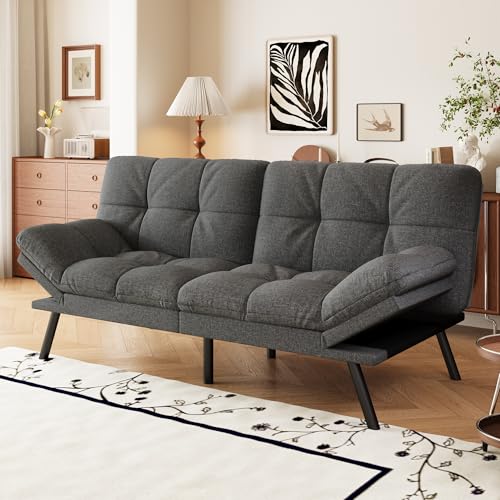 Faux Leather Futon Sofa Bed,Convertible Futon Couch,Memory Foam Loveseat Sleeper Sofa,Small Splitback Modern Folding Couch for Living Room,Office