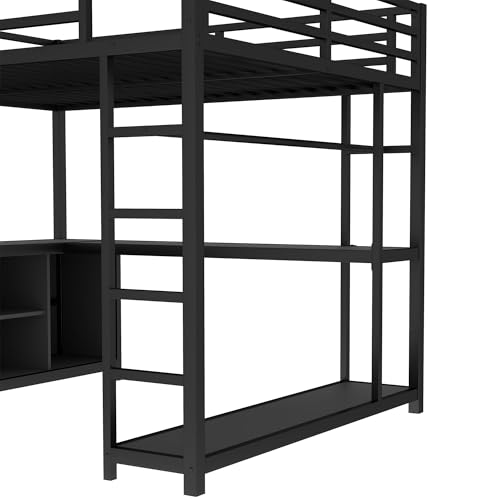 Queen Metal Modern Loft Bed with Wardrobe, L-Shaped Desk, Storage Cubes and Shelves, Black