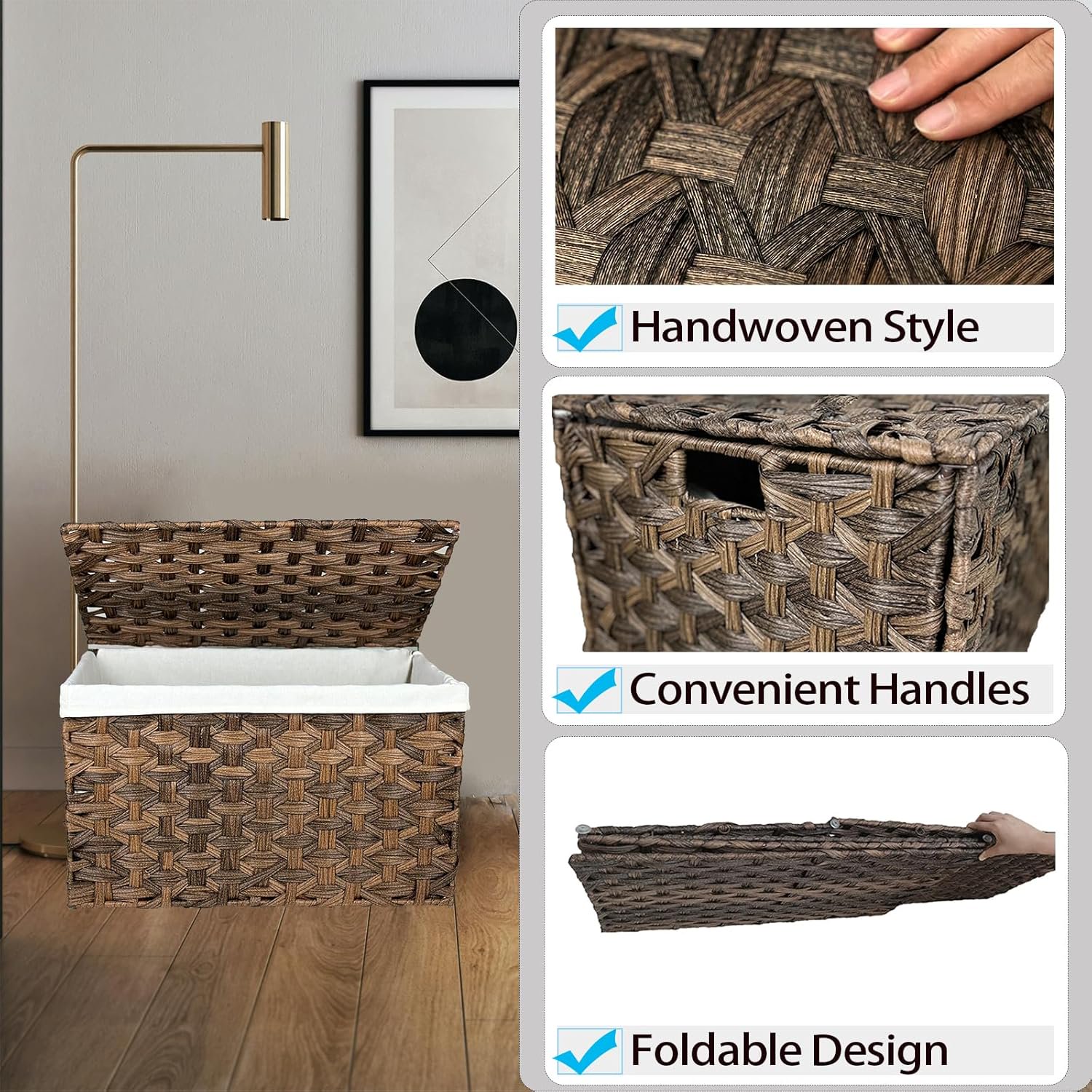 Wicker Storage Basket with Lid, 17.2 Gallon (65L) Small Blanket Basket with Lid, Woven Storage Bin with Handles, Removable Liner, Metal Frame