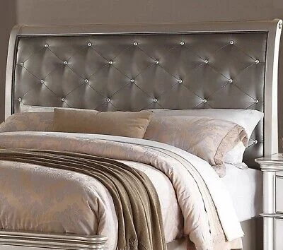 Traditional Look Queen Size Bed 4pc Set Faux Leather Tufted Headboard Dresser Mirror Nightstand Silver Finish Bedroom Furniture