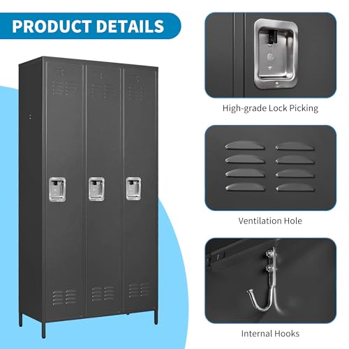 3 Doors Lockers for Employees, Steel Storage Lockers Lockable, Metal Locker Storage Cabinet for Home Office School Gym, Require Assembly (Grey)