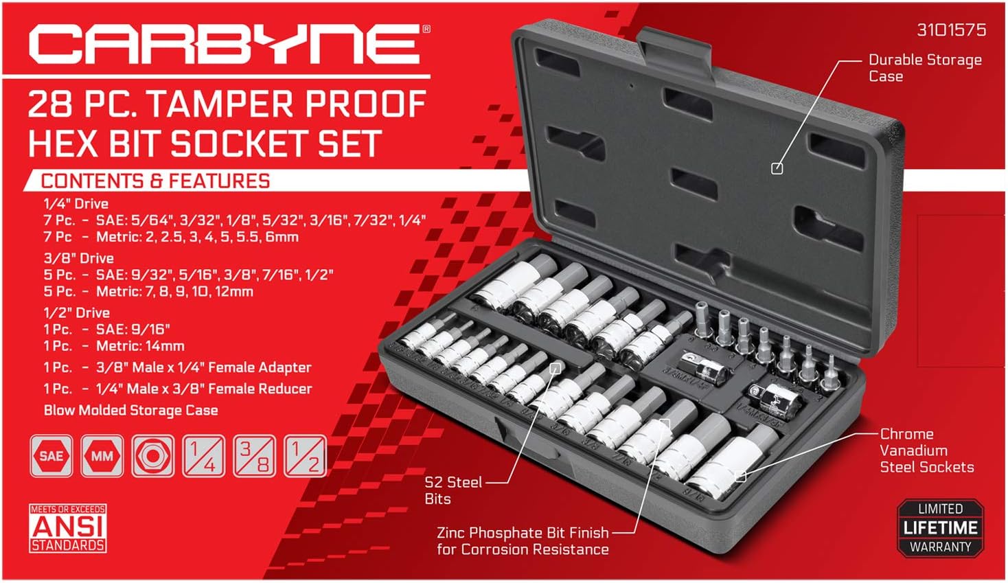 CARBYNE Tamper-Proof Hex Bit Socket Set - 28 Piece, SAE & Metric, S2 Steel | 1/4", 3/8" & 1/2" Drive