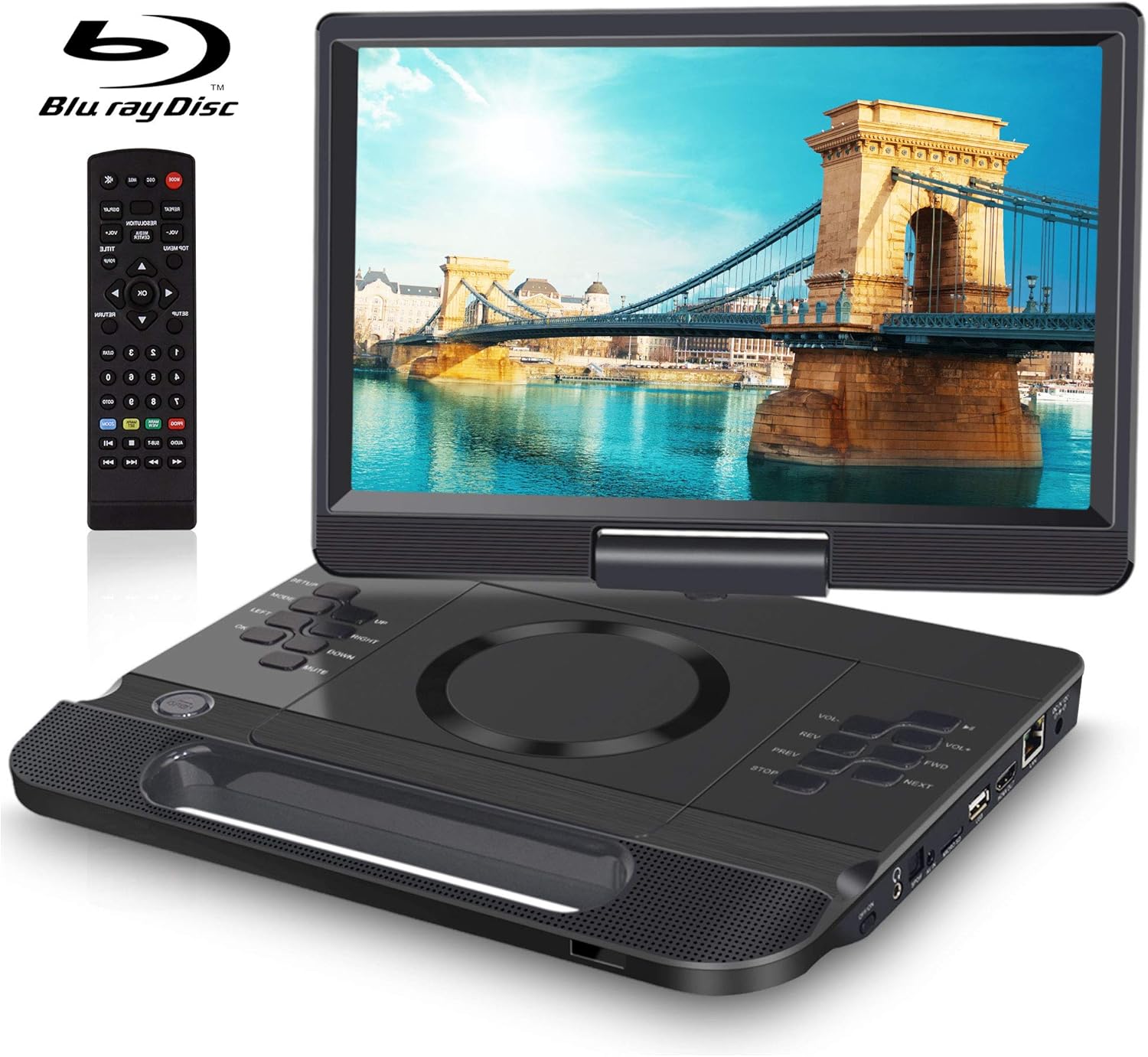 FANGOR 13.3 Inch Portable Bluray Player with 12 HD Swivel Screen, 5 Hours Rechargeable Battery and Remote Control, HDMI Out/AV In, Multi-Media Player