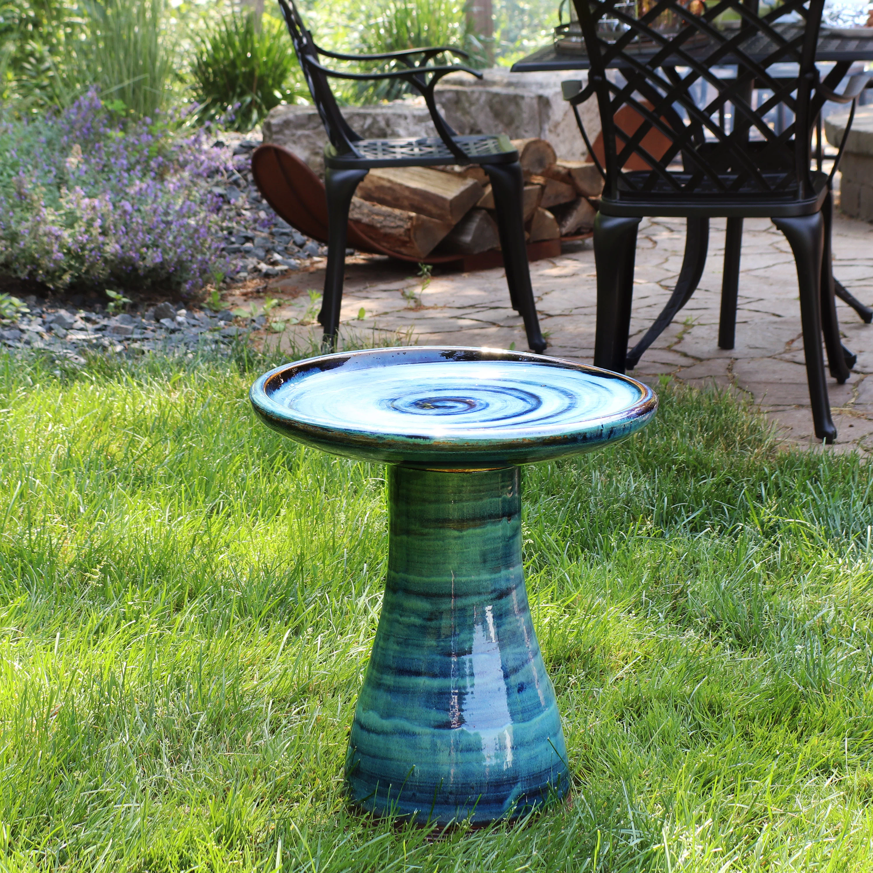 Sunnydaze Glazed Ceramic Outdoor Bird Bath - 18" - Galaxy Blue