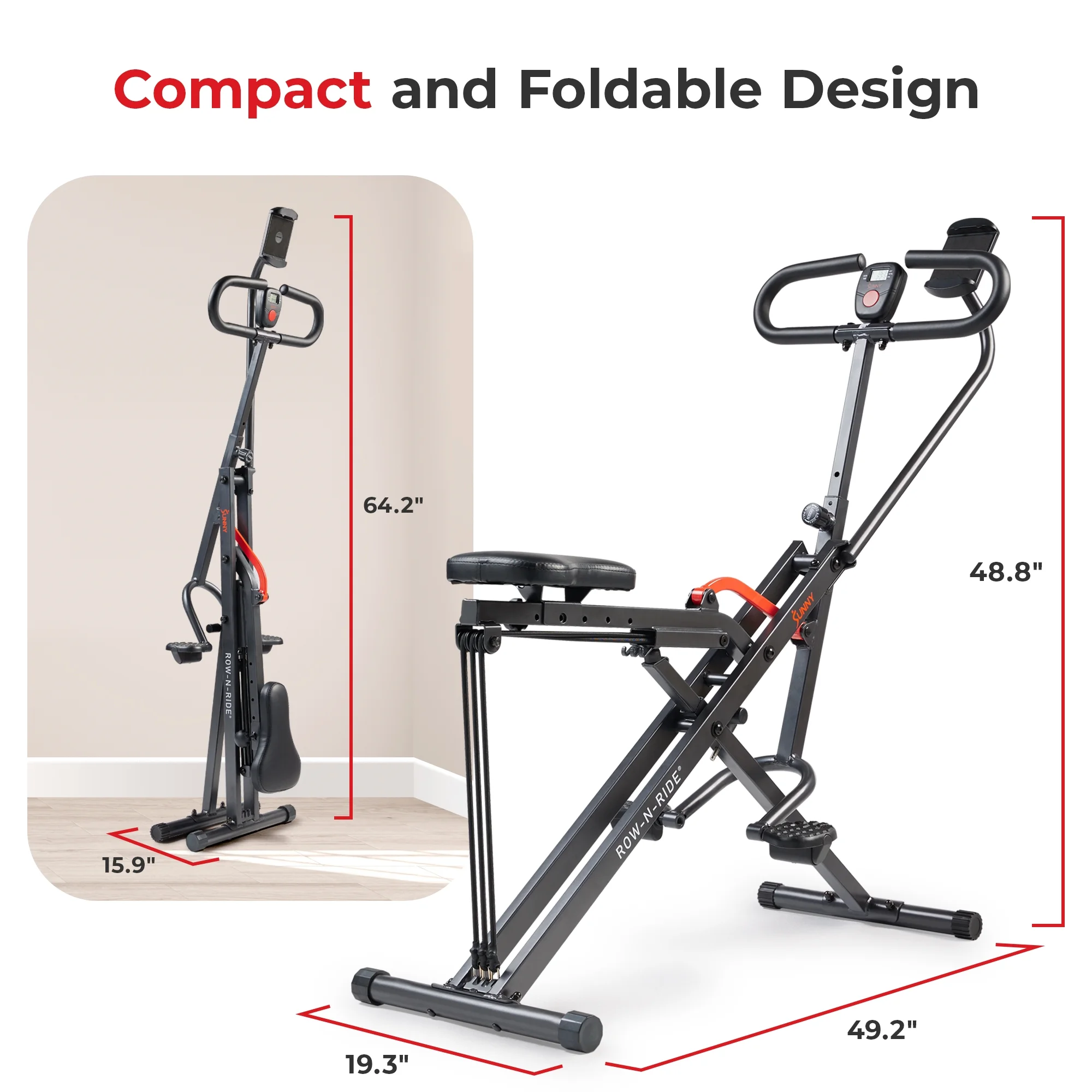 Sunny Health & Fitness Smart Upright Row-N-Ride™ Exerciser, Squat Assist Trainer for Glutes Workout with Adjustable Resistance, Easy Setup & Foldable