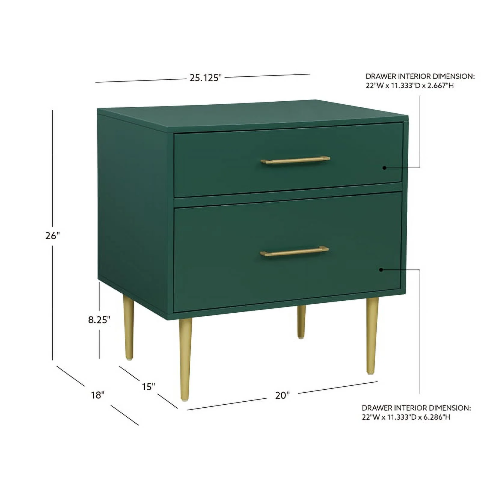 Allora Modern Two Drawer Wooden Nightstand with Two Drawers in Dark Green