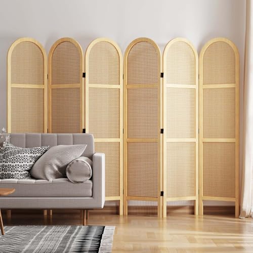 Room Divider and Folding Privacy Screens, Pine Wood 5.6 Ft Double Hinged Rattan Partition Freestanding Wall Room Divider for Home - 3 Panels