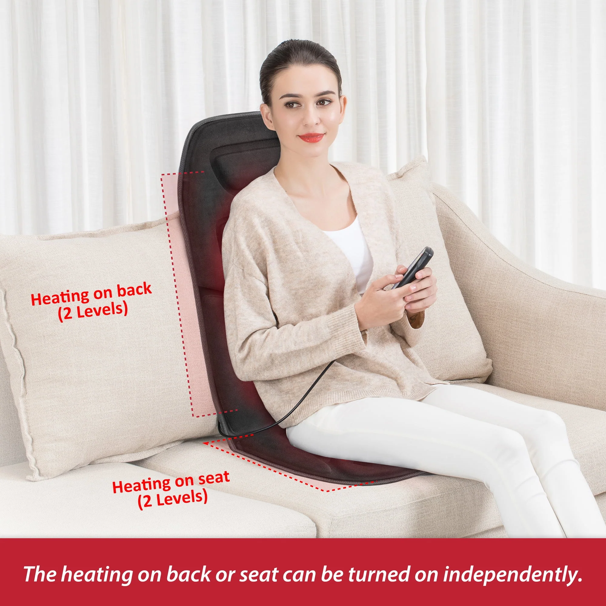 COMFIER Motors Massage Seat Cushion with 3 Level Heating Pad, Back Massager, Black, Gift for Men Women, Home/Car Use