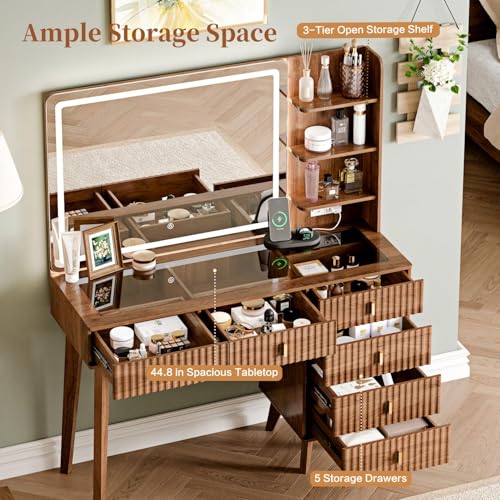 Large Makeup Vanity Desk with Mirror and Lights, Vanity Desk with 6 Drawers & Storage Shelves, Vanity Table with Power Outlet