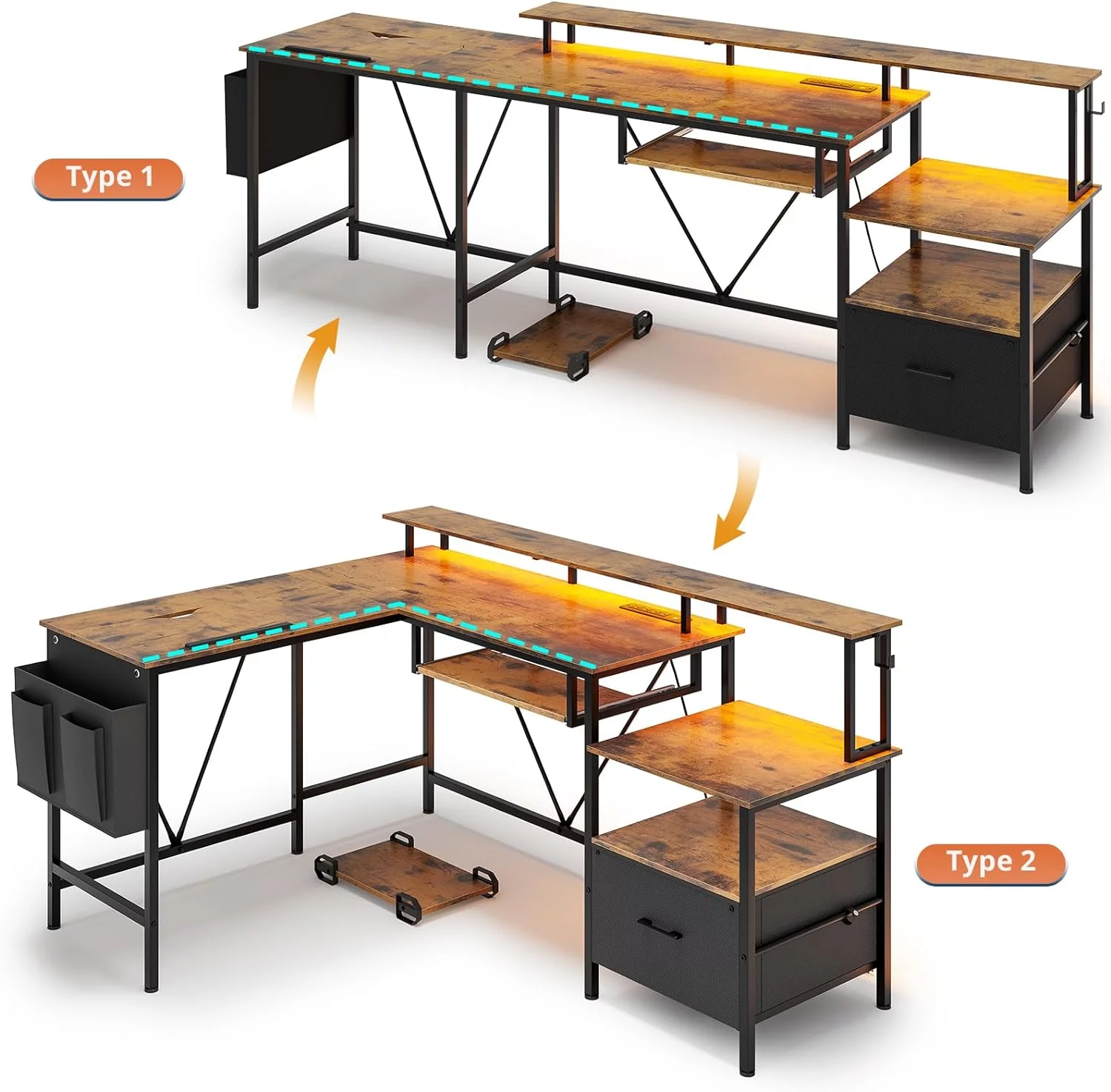 AOGLLATI 95" Reversible Corner Office Desk with Storage, Adjustable Drafting Table, L Shaped Gaming Desk with Power Outlet and LED Light