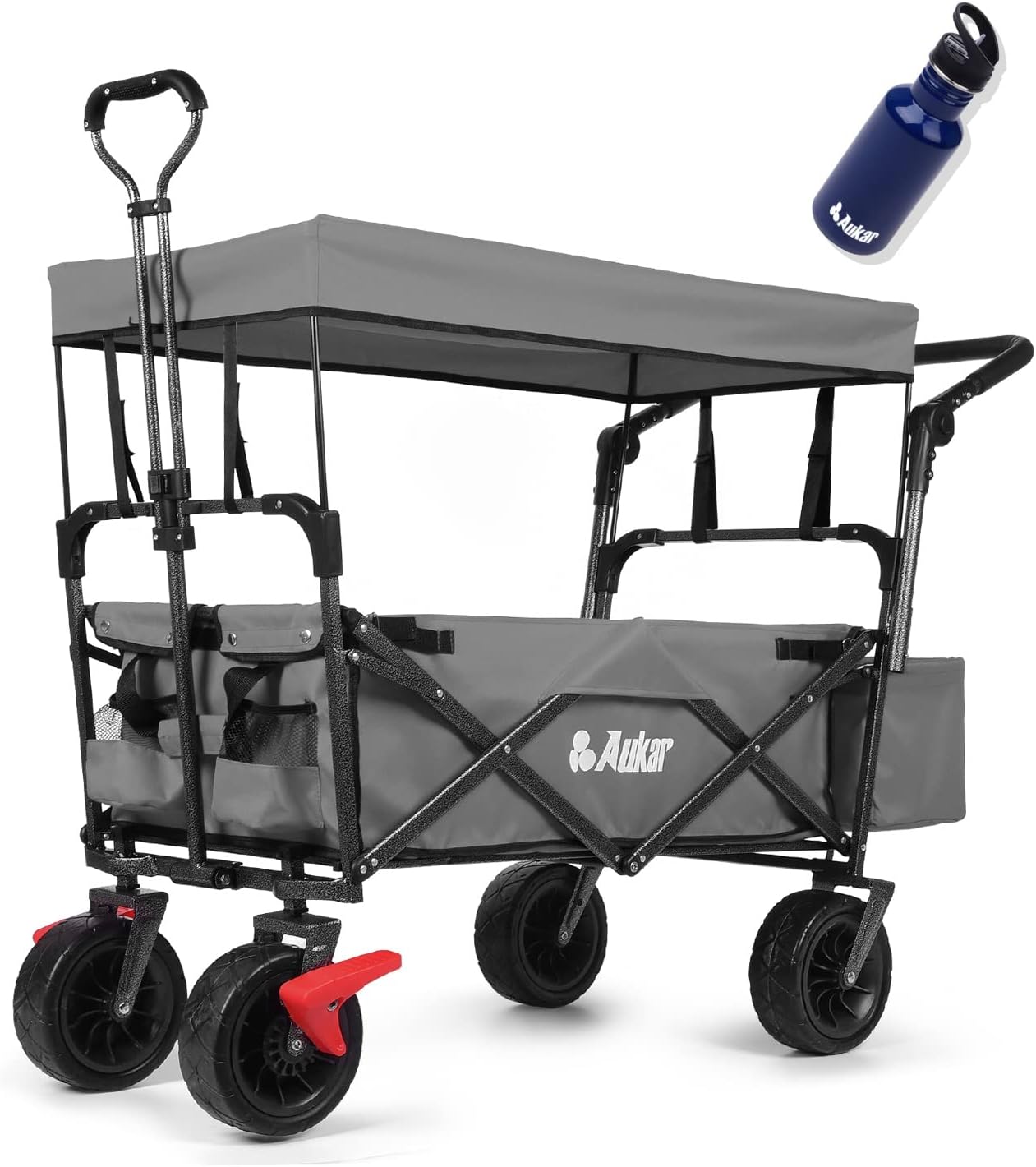 AUKAR Collapsible Canopy Wagon - Heavy Duty Utility Outdoor Garden Cart - with All Terrain Wheels, Adjustable Handles , for Shopping, Picnic, Camping