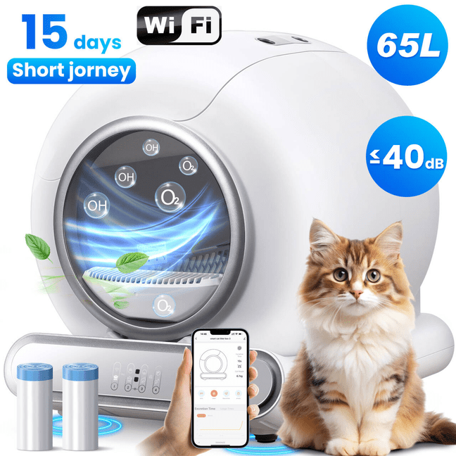 FaayFian Smart Self-Cleaning Cat Litter Box, Automatic Odor Control, 65L, Multi-Cat, Low Entry
