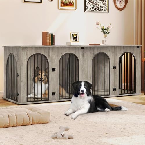 71" Dog Crate Furniture for 2 Dogs, Heavy Duty Indoor Dog Kennel TV Stand, XXL Wooden Dog Cage with Divider for Medium Large Dogs