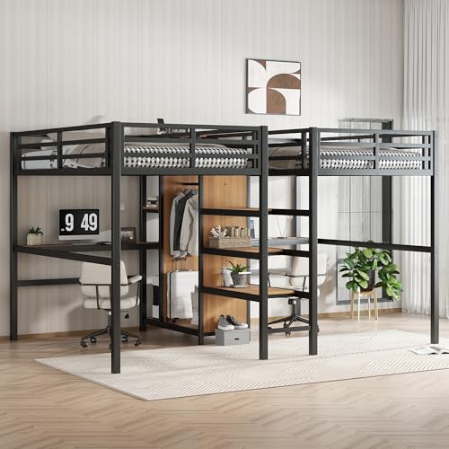Bellamave Metal Loft Bed with Wardrobe and L-Shaped Desk, Full Size Loft Bed with Storage Cubes and Shelves, Heavy Duty LoftBed for Kids Teens Adults