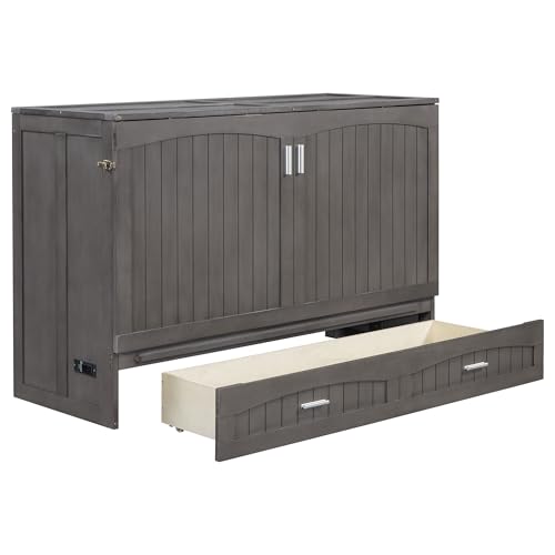 Harper & Bright Designs Queen Size Murphy Bed Cabinet, Solid Pine Wall Bed Chest with USB