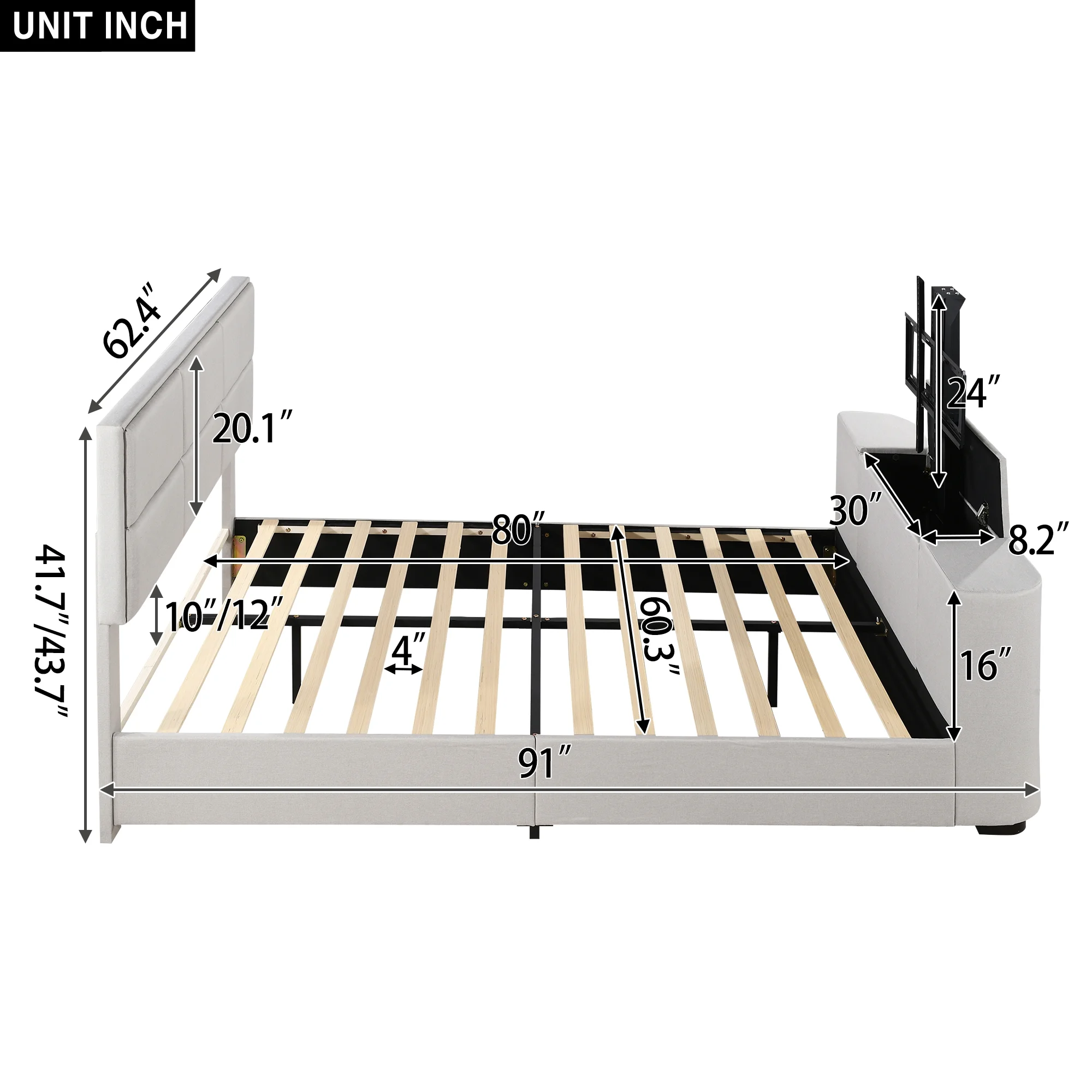 Euroco Upholstery Queen Size Platform Bed, Gaming Bed with Hidden TV Mount and Adjustable Headboard for Living Room, Beige