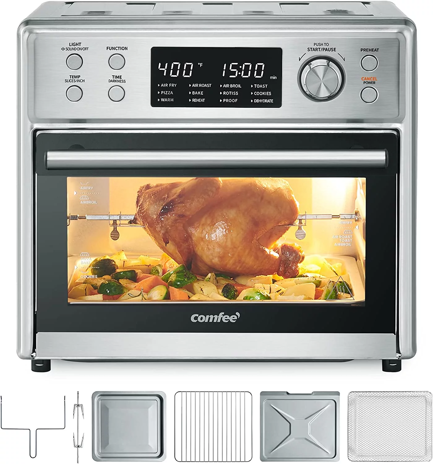 COMFEE’ 12-in-1 Air Fryer Toaster Oven Combo, 6 Slice 12’’ Pizza Countertop Convection Oven with Rotisserie, Precise Temperature Control