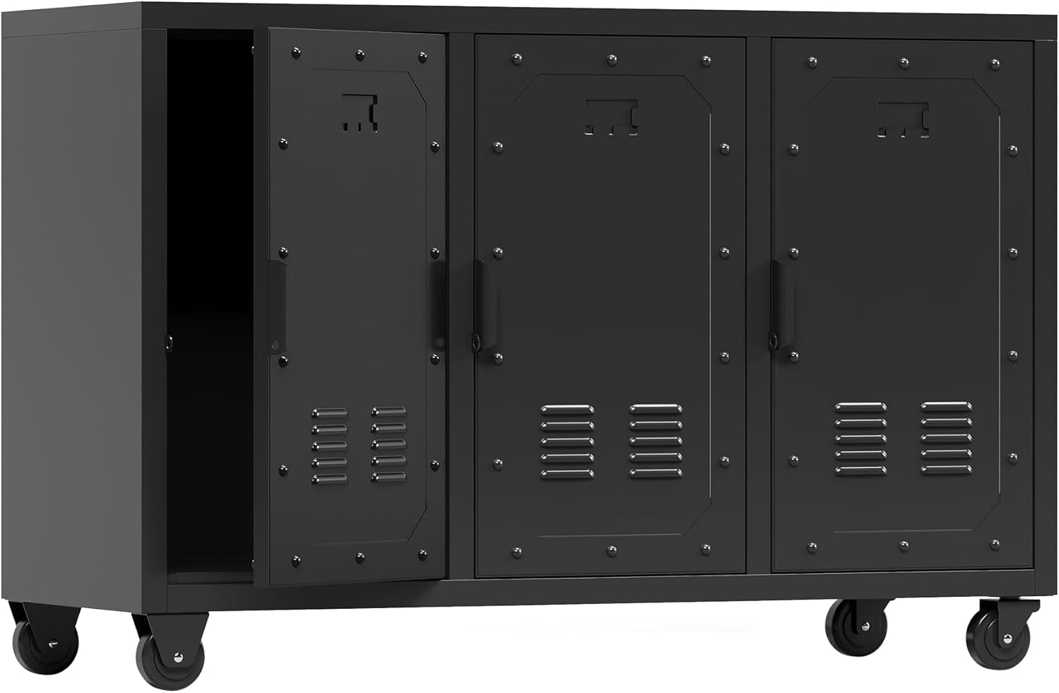 Metal Storage Cabinet with Wheels,Garage Storage Cabinet with 3 Doors
