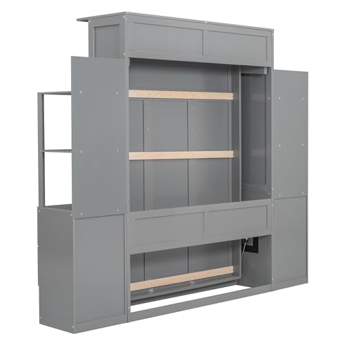 Harper & Bright Designs Full Size Murphy Bed Wall Bed with Storage Shelves, Drawers and LED Lights