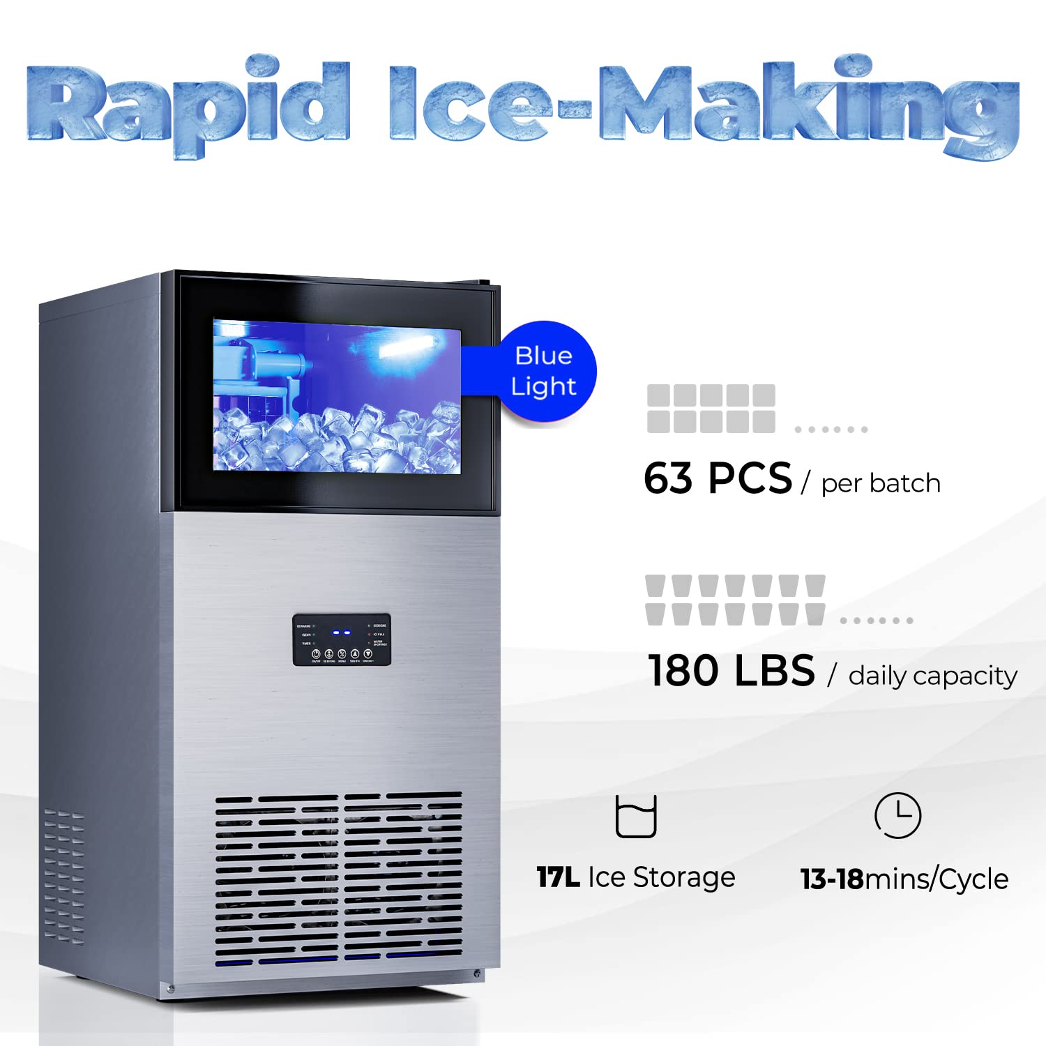 COSTWAY Commercial Ice Maker Machine, 180LBS/24H Stainless Steel Under Counter Freestanding Ice Machine for Restaurant with Self-Cleaning Function
