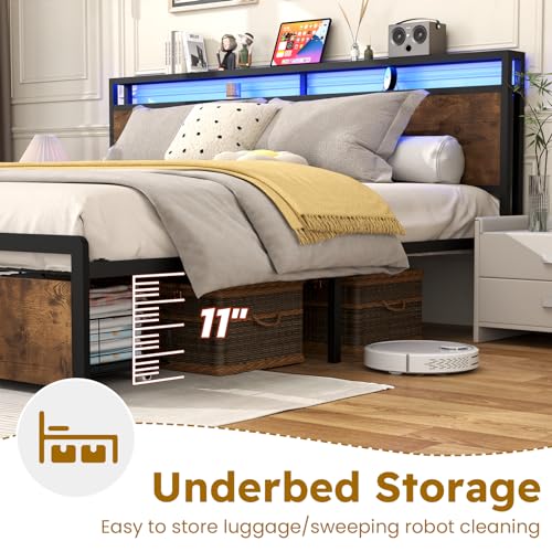 Full Size Bed Frame with Headboard, LED Platform Bed with 4 Storage Drawers, Built in Charging Station, Noise-Free, Metal Support Base