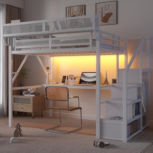 Full Size Loft Bed with Stairs and Storage, Metal Loft Bed Frame with Bedside Shelf and Large Under-Bed Space