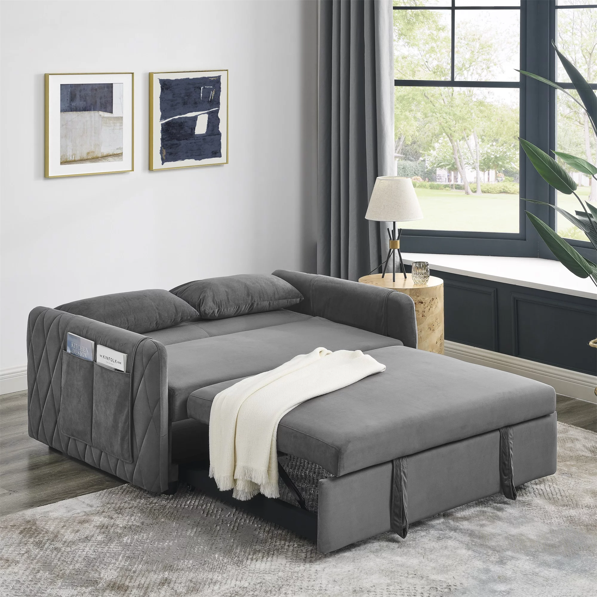 Ufurpie 55"L Modern Velvet Pull Out Sofa Bed,Convertible Velvet Sleeper Sofa Bed with Adjustable Backrest&2 Pillows,Gray