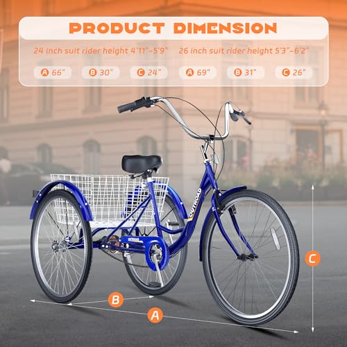 7-Speed Adult Tricycle with Large Basket 24/26 Inch, Stable 3-Wheel Cruise Bicycle for Shopping, Beach and City Trike Perfect for Men, Women